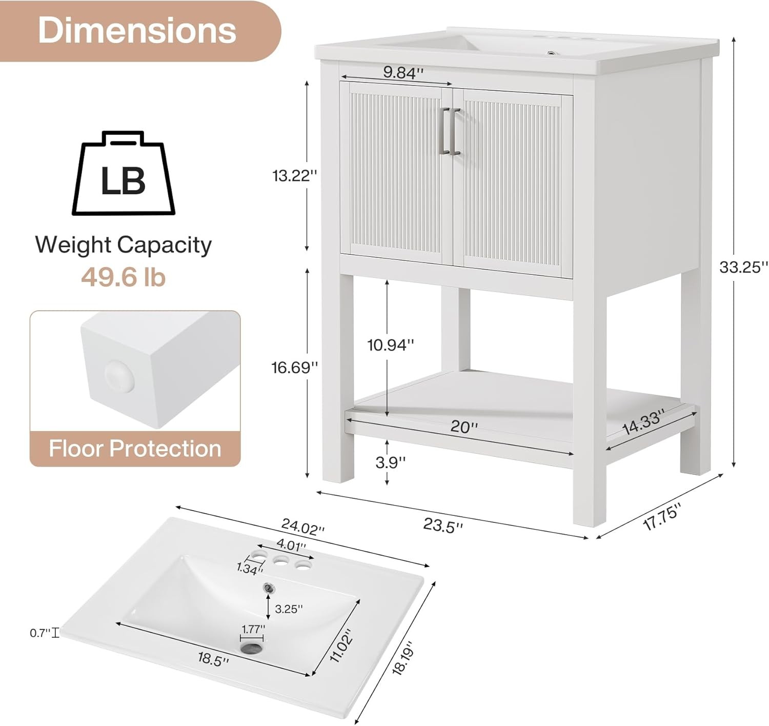 24inch Modern Bathroom Vanity Cabinet Storage with Sink Combo with 2 Doors White