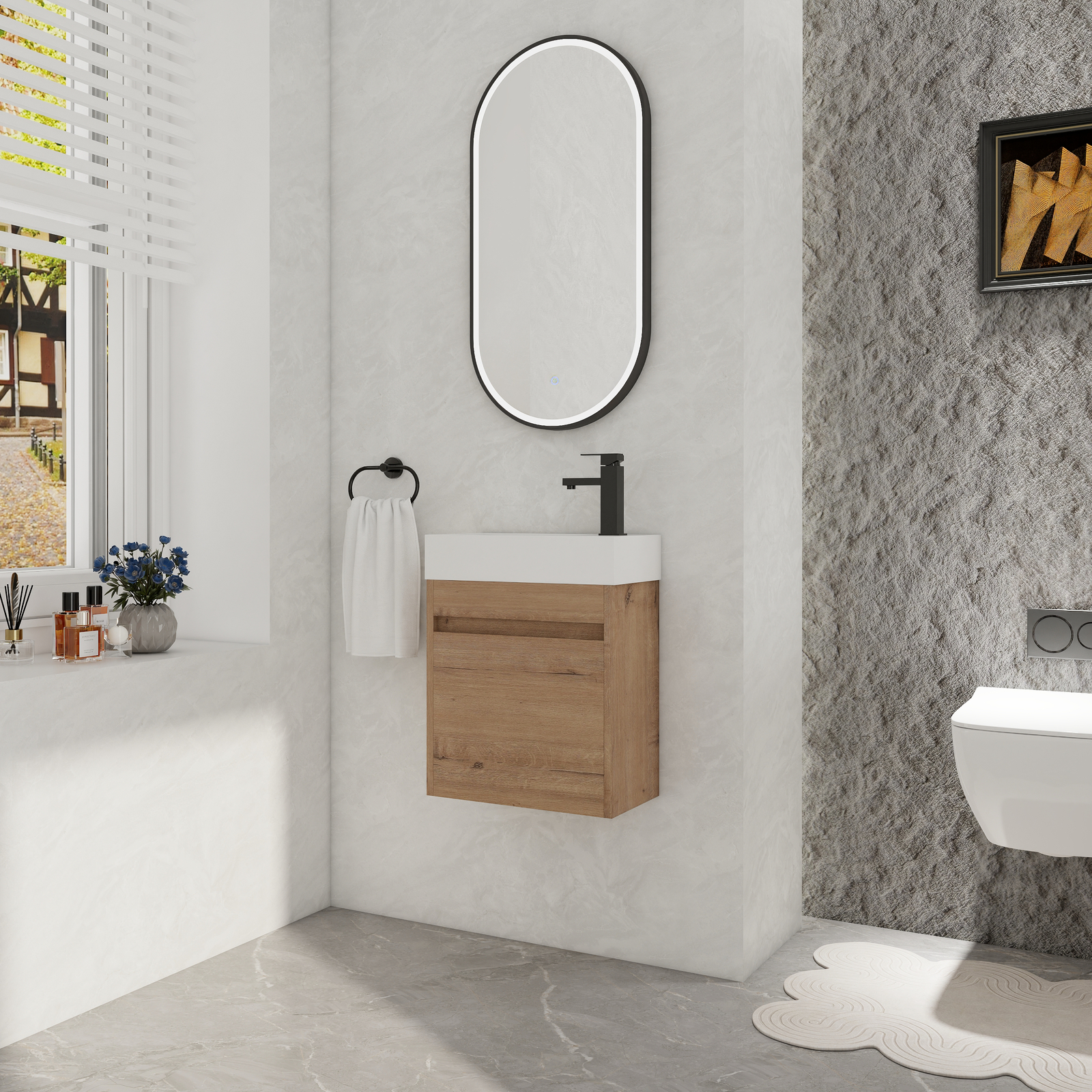 18in Wall Mounted Floating Bathroom Vanity Cabinet W/Resin Sink Oak Small Space