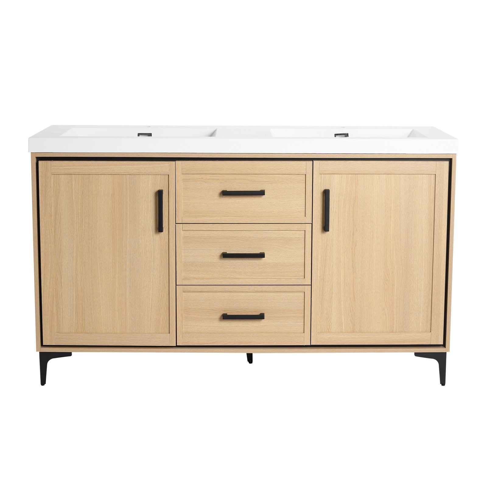60 in Plywood Bathroom Vanity Freestanding W/Double Resin Sink +2 Doors 3Drawers