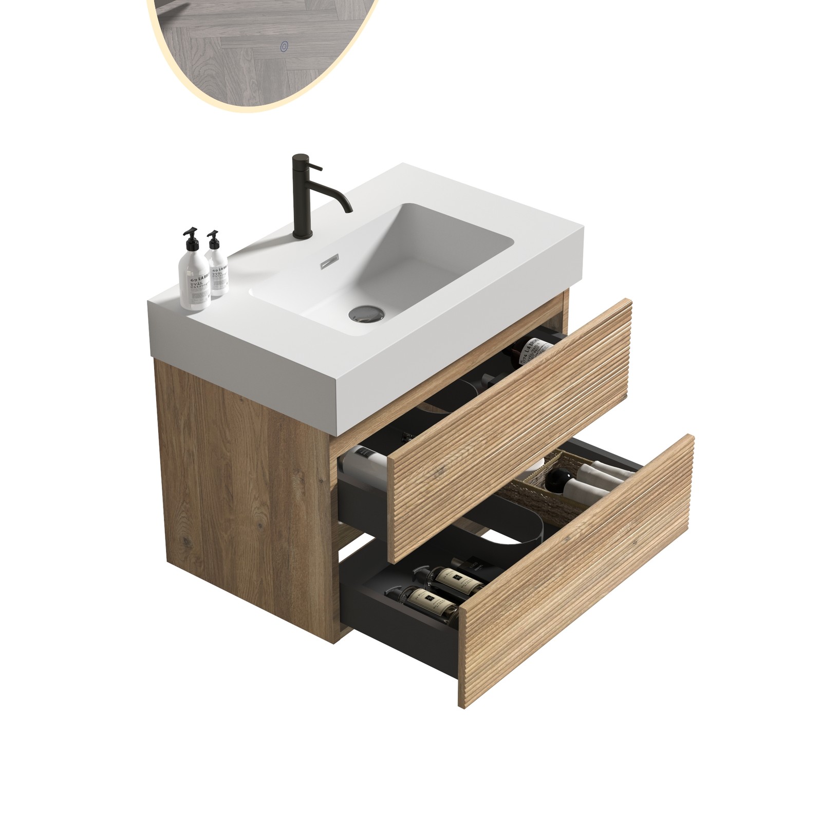 30″ Rough Oak Floating Bathroom Vanity with White Sink & Drawers