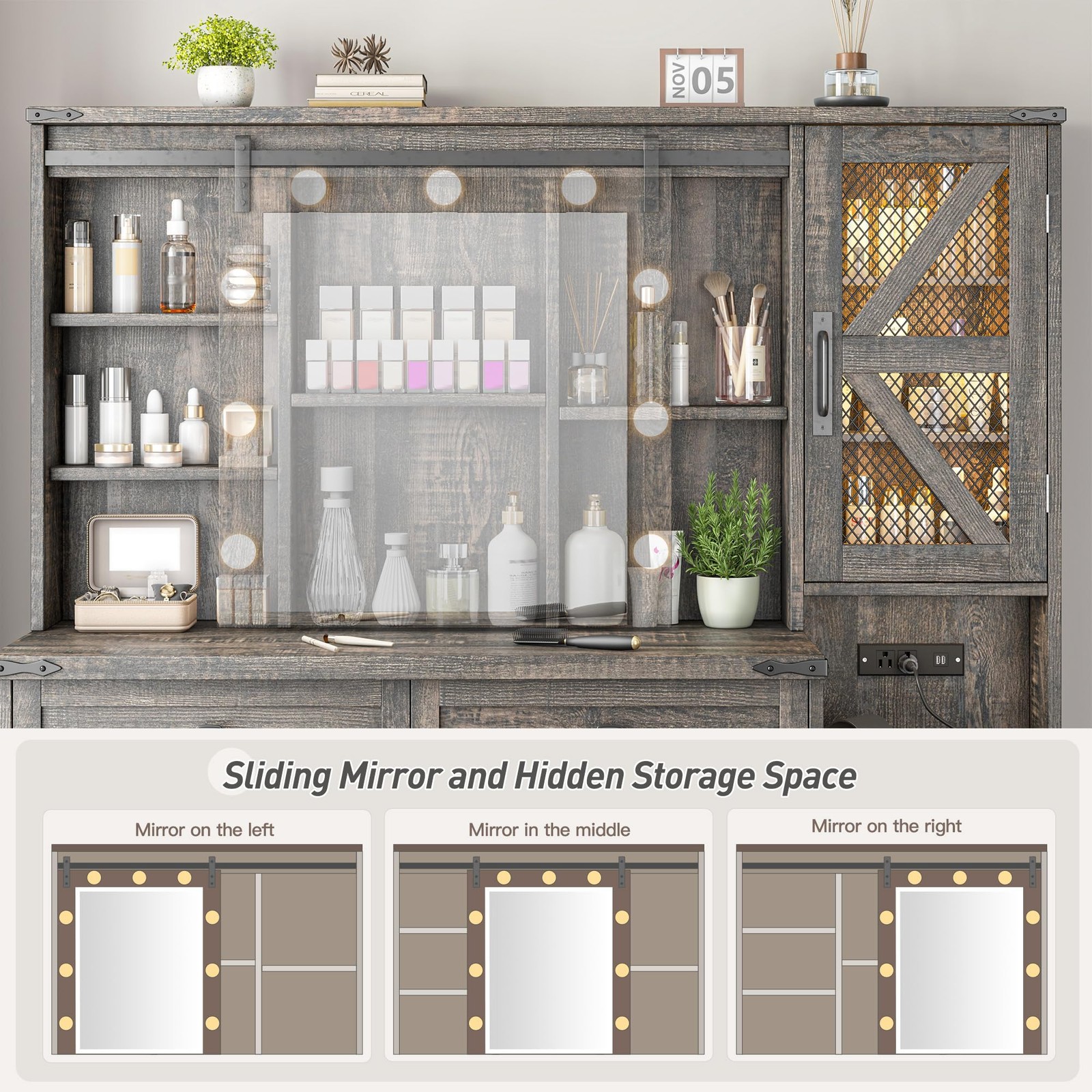48W Vanity Sliding Mirror Lights 4-Drawer 2-Cabinet 3-Color Lighting Rustic Oak