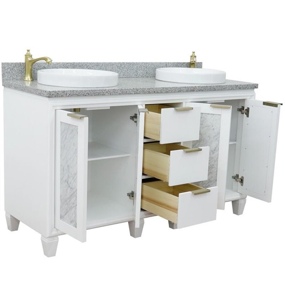 Pemberly Row 61″ Double Round Sink Solid Wood Vanity in White/Gray Granite Stone