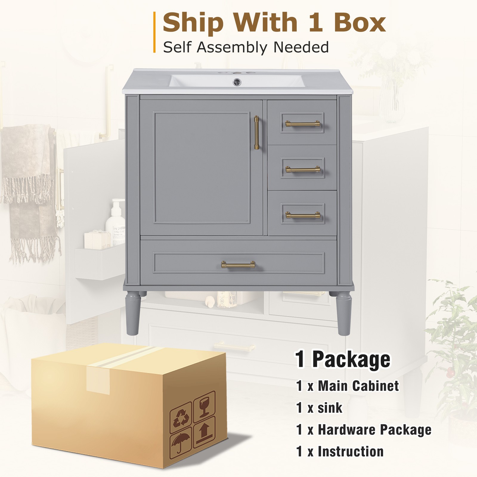 30″ Bathroom Vanity Set Floor Standing Bathroom Storage Cabinet w/Three Drawers