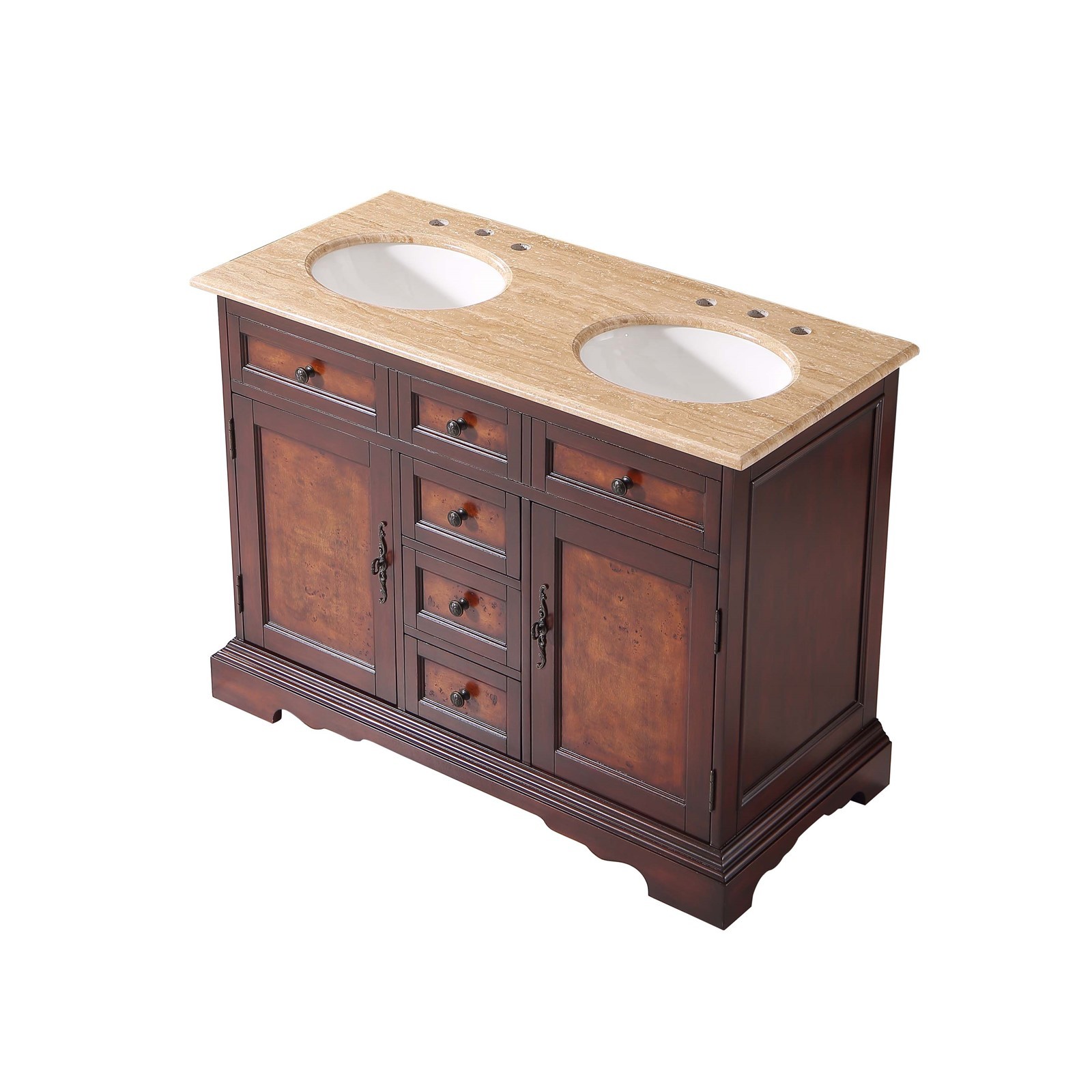 48″ Compact Double Sink Cabinet Travertine Stone Countertop Bathroom Vanity
