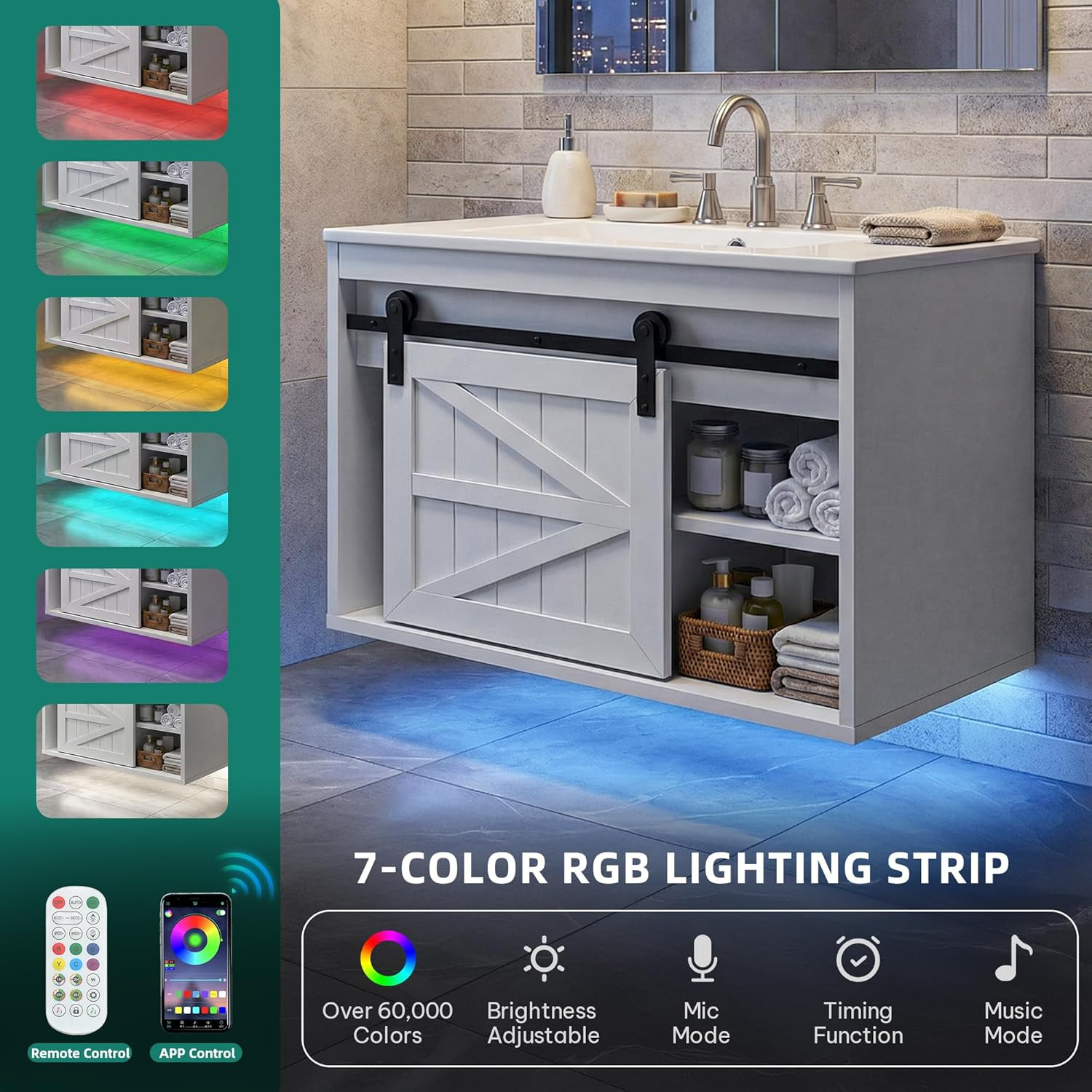24″ LED Bathroom Vanity with Sink & Farmhouse Sliding Barn Door Cabinet