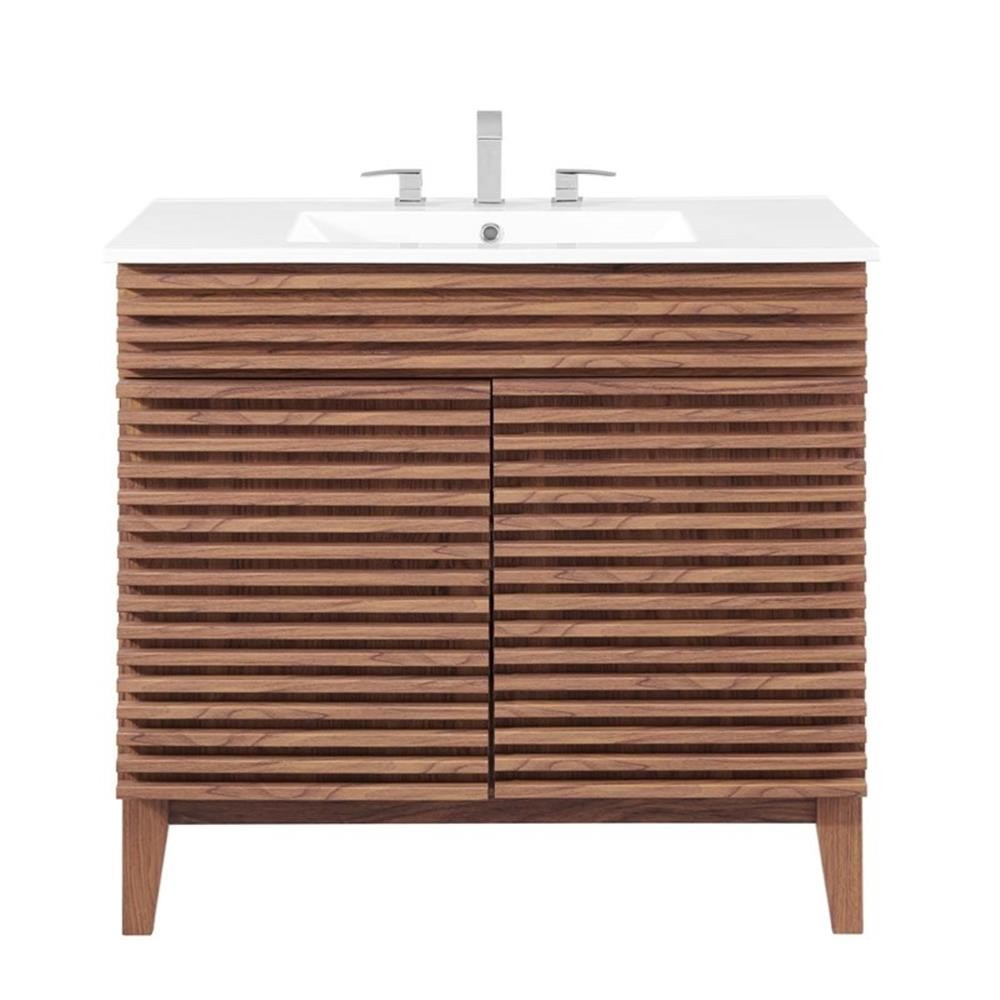 Pemberly Row 36″ Modern Wood and Ceramic Bathroom Vanity in Walnut/White