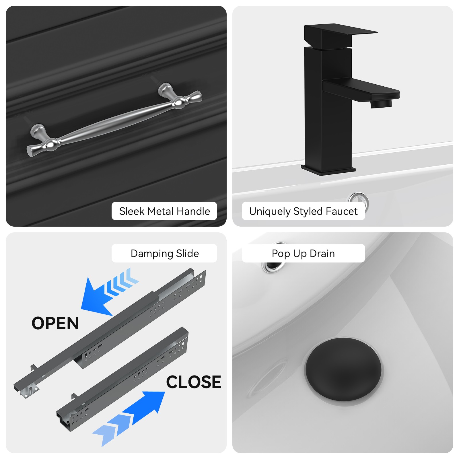 60″ Black Wall Mounted Floating Vanity Bathroom Cabinet Soft Close Door & Sink