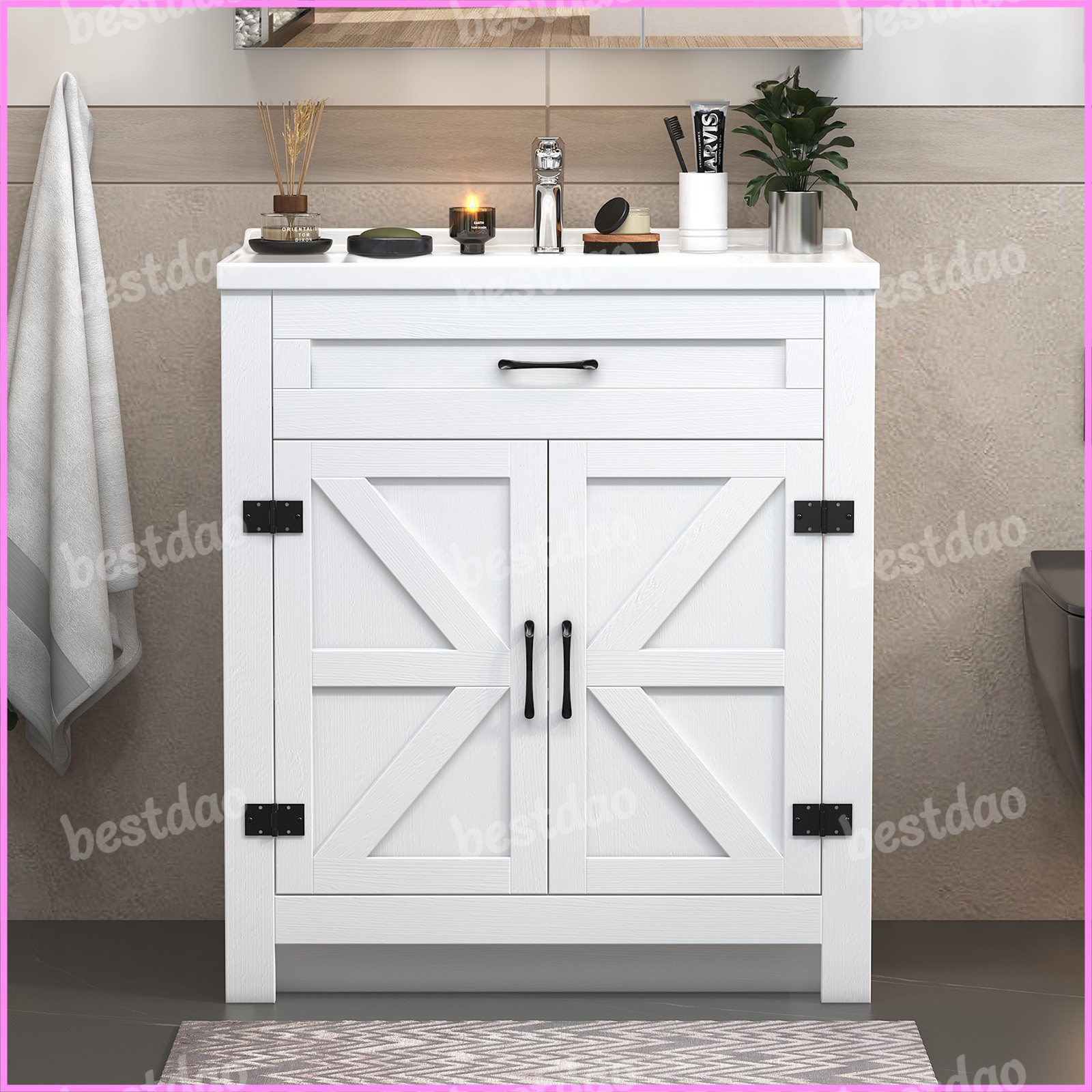 31 Inch Bathroom Vanity Cabinet Ceramic Sink Double Doors Storage Cabinet