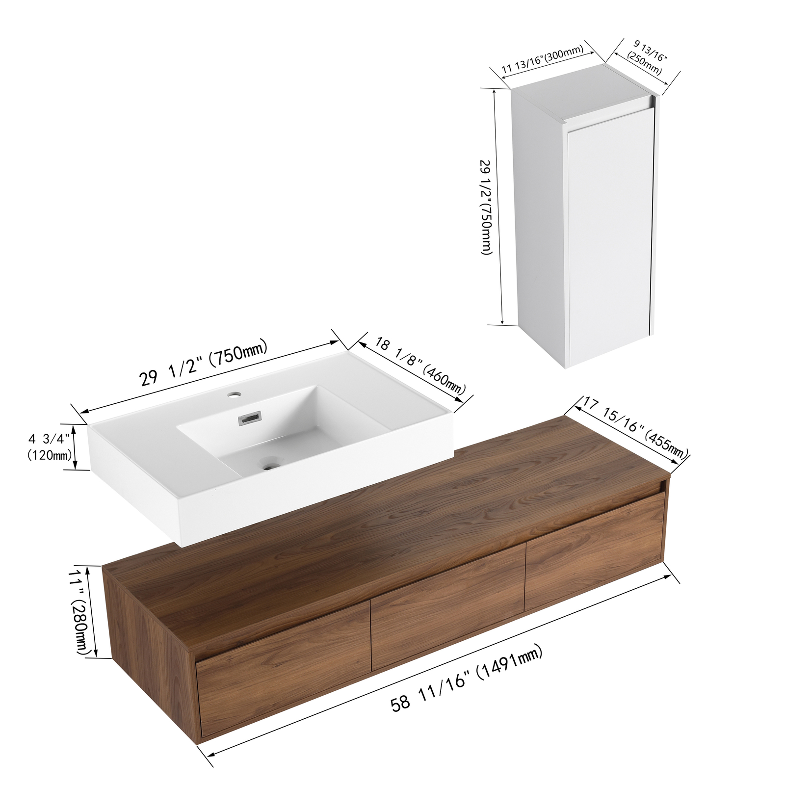 60in Floating Wall-Mounted Bathroom Vanity W/ Resin Sink+Side Cabinet +3 Drawers