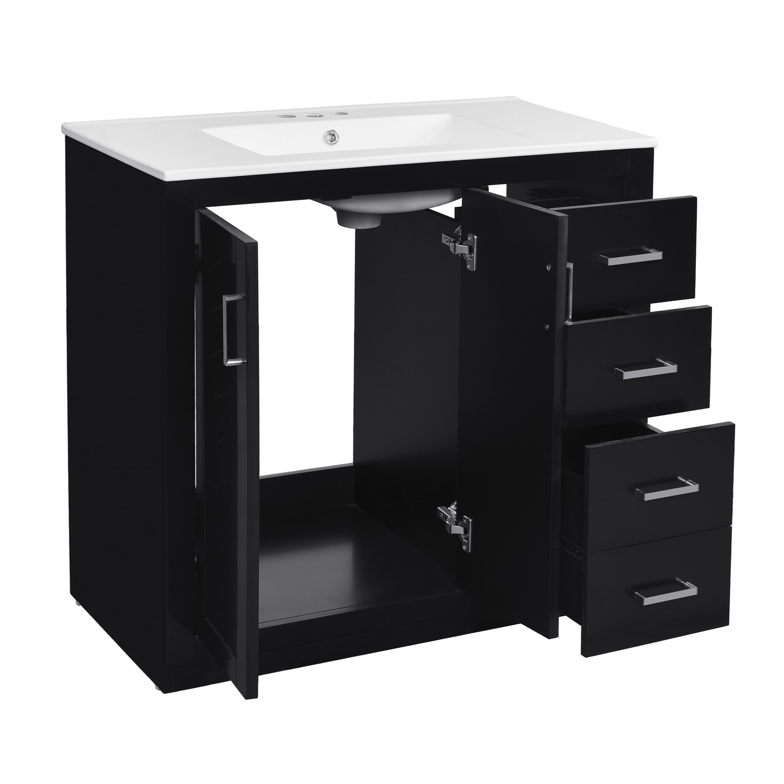 36″ Bathroom Vanity with Ceramic Sink, Solid Wood Frame, 3 Drawers, Black