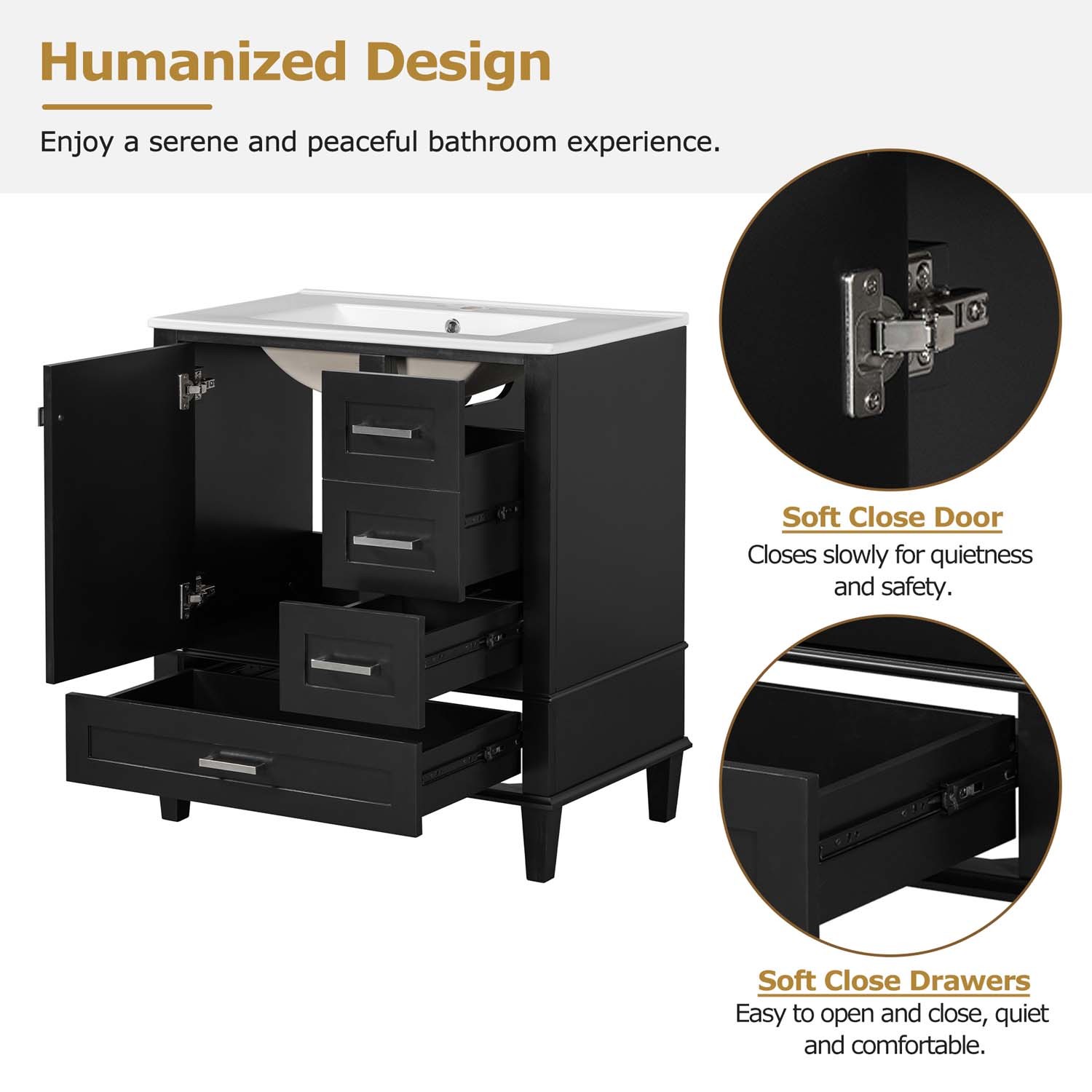 30″ Freestanding Bathroom Vanity Black Green Solid Wood Soft-Close 3 Drawer Sink