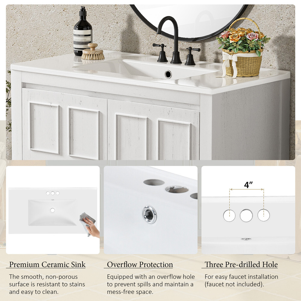 36″ Bathroom Vanity w/ Sink, Freestanding Vanity Storage Cabinet, 2 Doors, Shelf