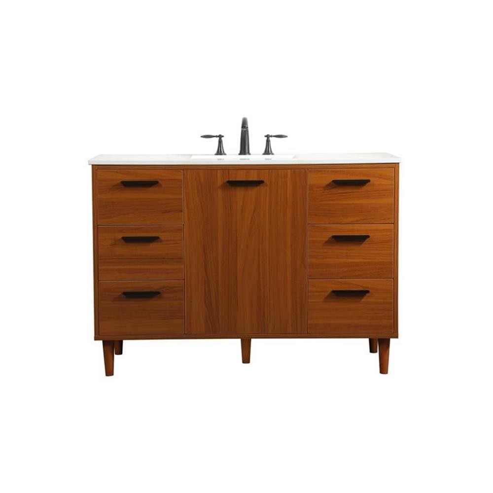 Pemberly Row Modern 48″ Solid Wood and MDF Bathroom Vanity in Teak