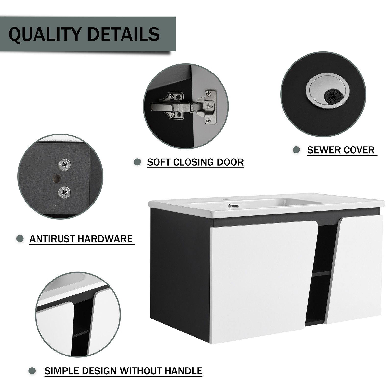 36 Inch Bathroom Vanity Wall Mounted Cabinet W/ Undermount Ceramic Sink White US