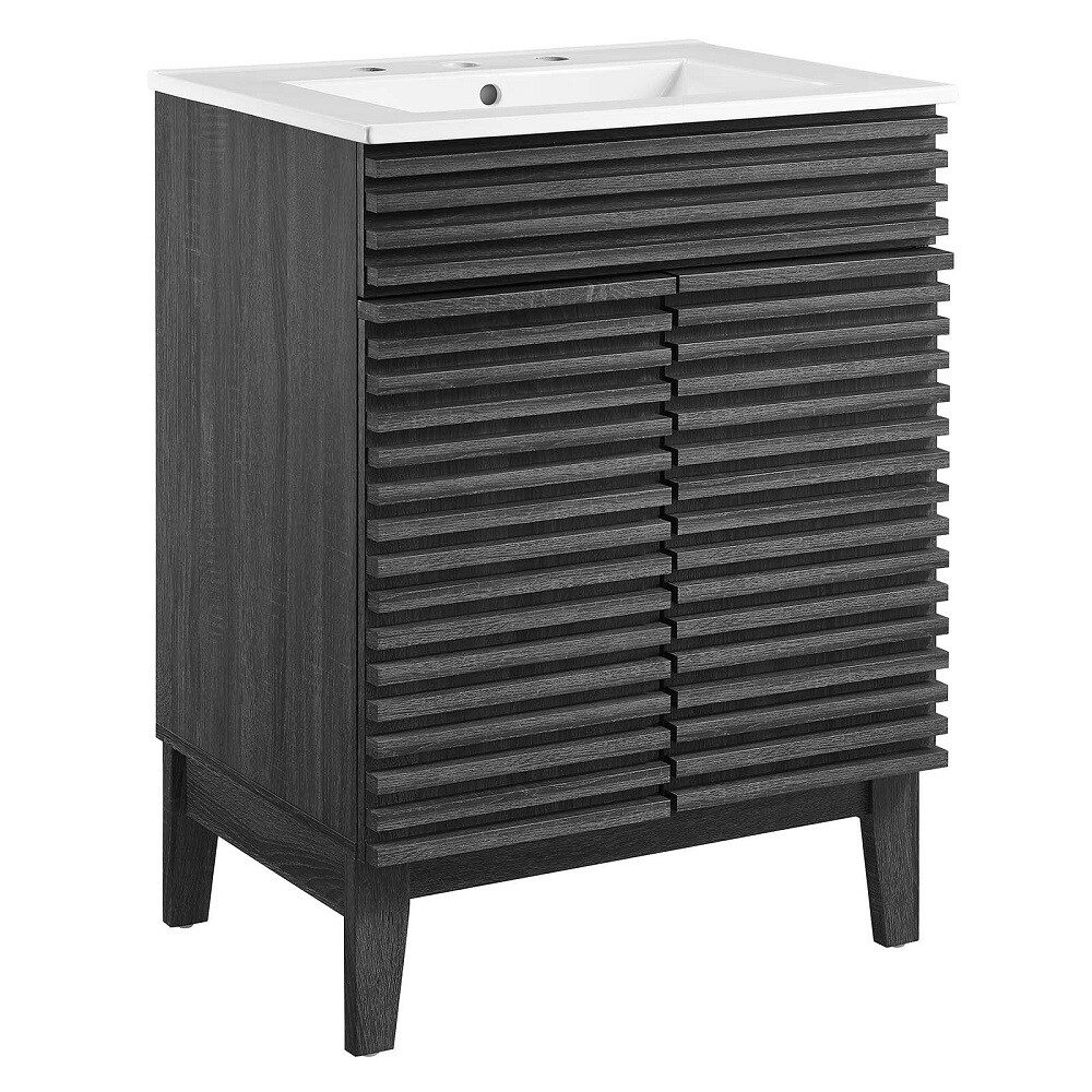 Mid-Century Modern Bathroom Vanity Black, White, Gray, Oak Laminate Tapered Legs