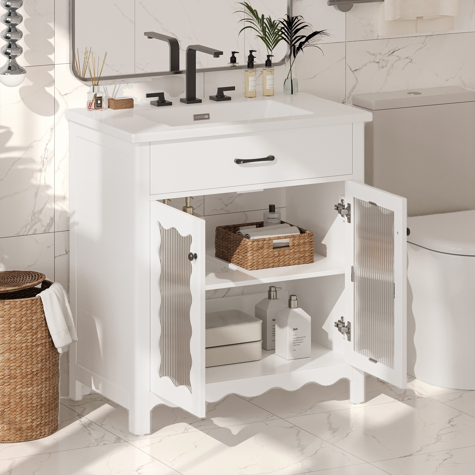 31″ Bathroom Vanity w/Tempered Glass,Modern Bathroom Cabinet w/Soft close Doors