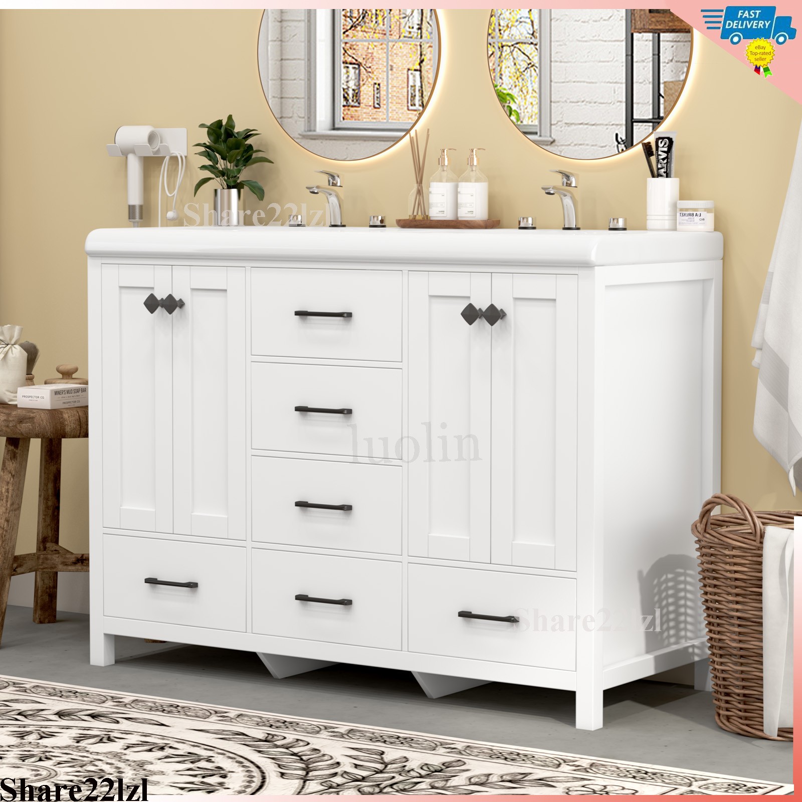 47″ Bathroom Vanity Storage Cabinet with Double Ceramic Sink White Freestanding