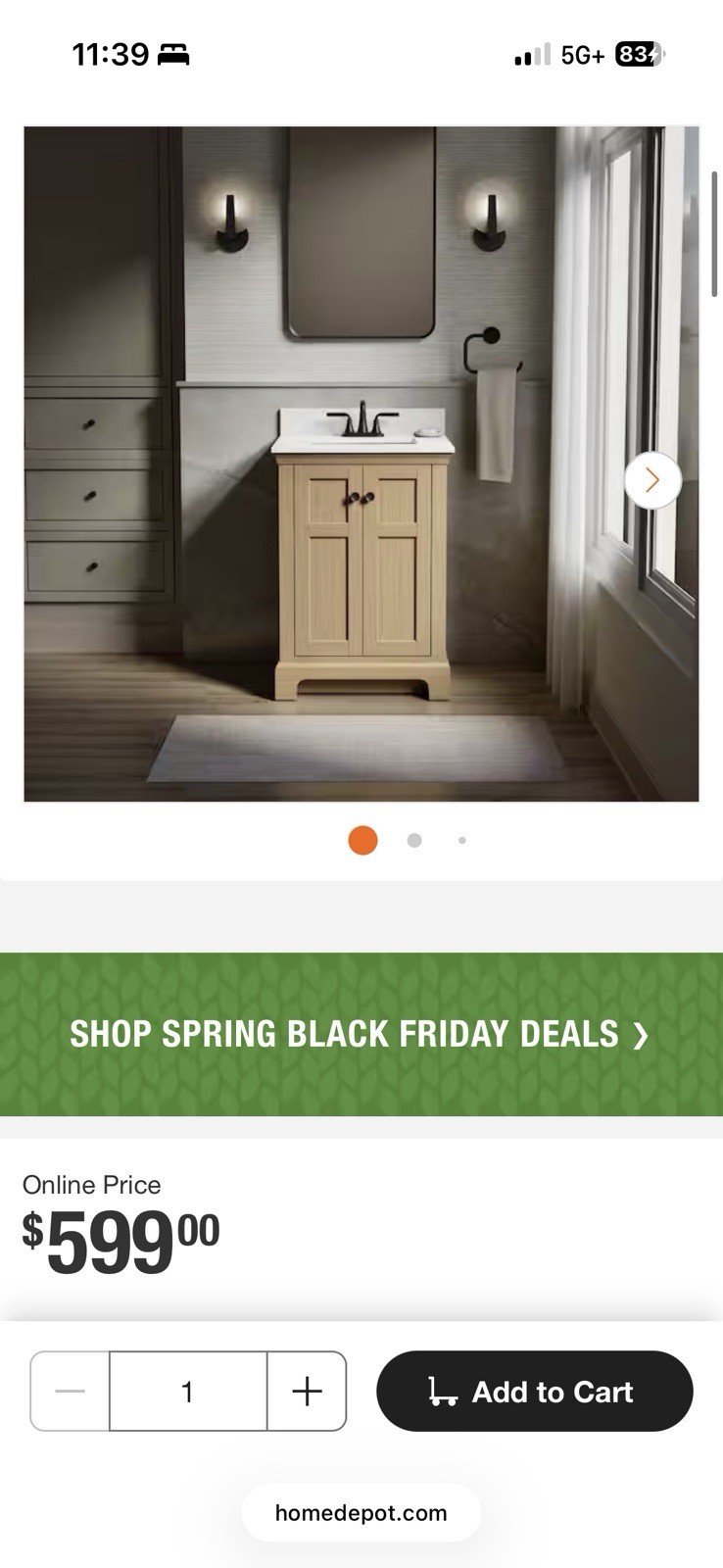 Kohler Beige Freestanding Modern Wood Bathroom Vanity 2 Doors 24x39in