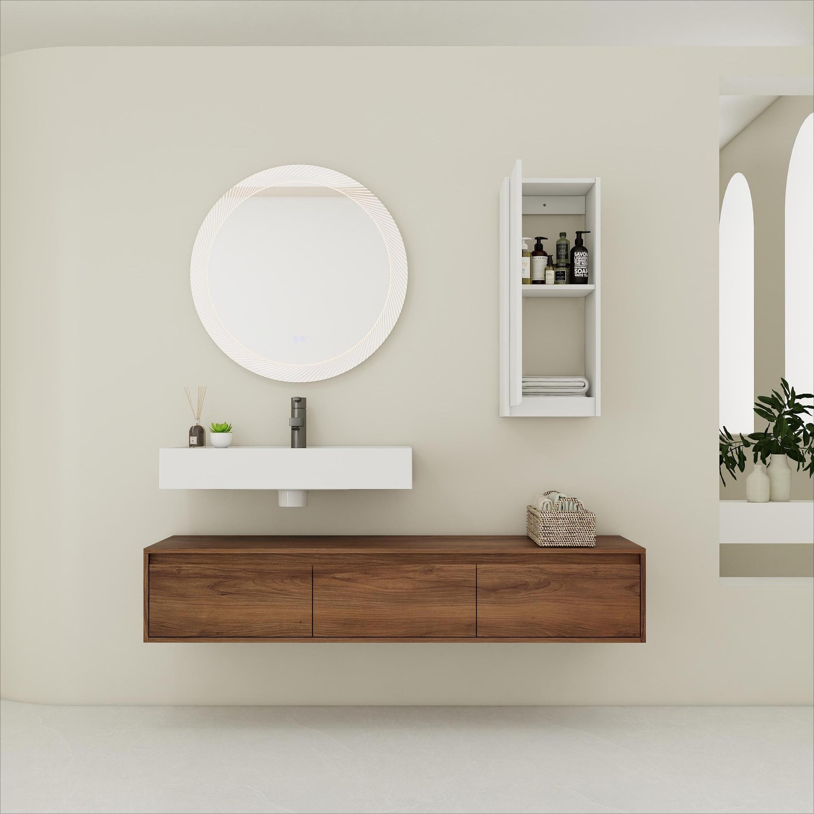 60in Floating Wall-Mounted Bathroom Vanity W/ Resin Sink+Side Cabinet +3 Drawers