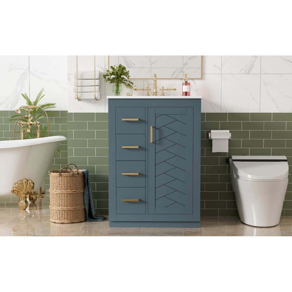 24 Inch Single Sink Bathroom Vanity Ceramic Top Drawers Storage Cabinet