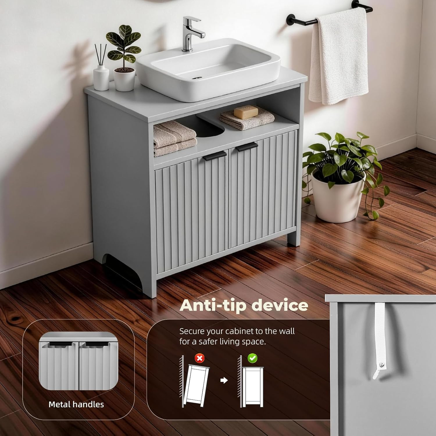 Grey under Sink Bathroom Cabinet, Freestanding Pedestal Sink Storage Vanity Base