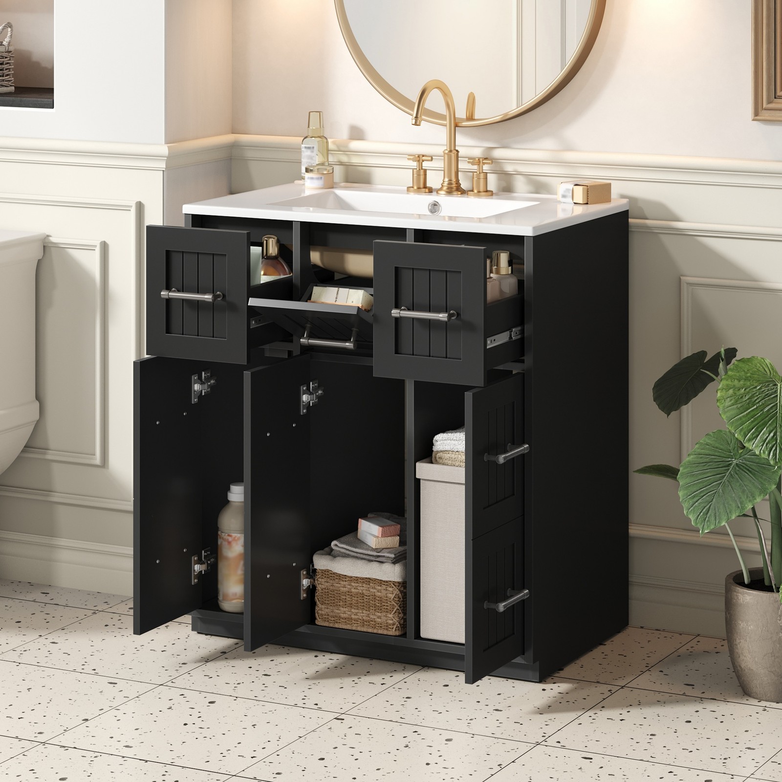 30inch Bathroom Vanity w/Undermount Sink & Drawers Modern Bathroom Cabinet Black