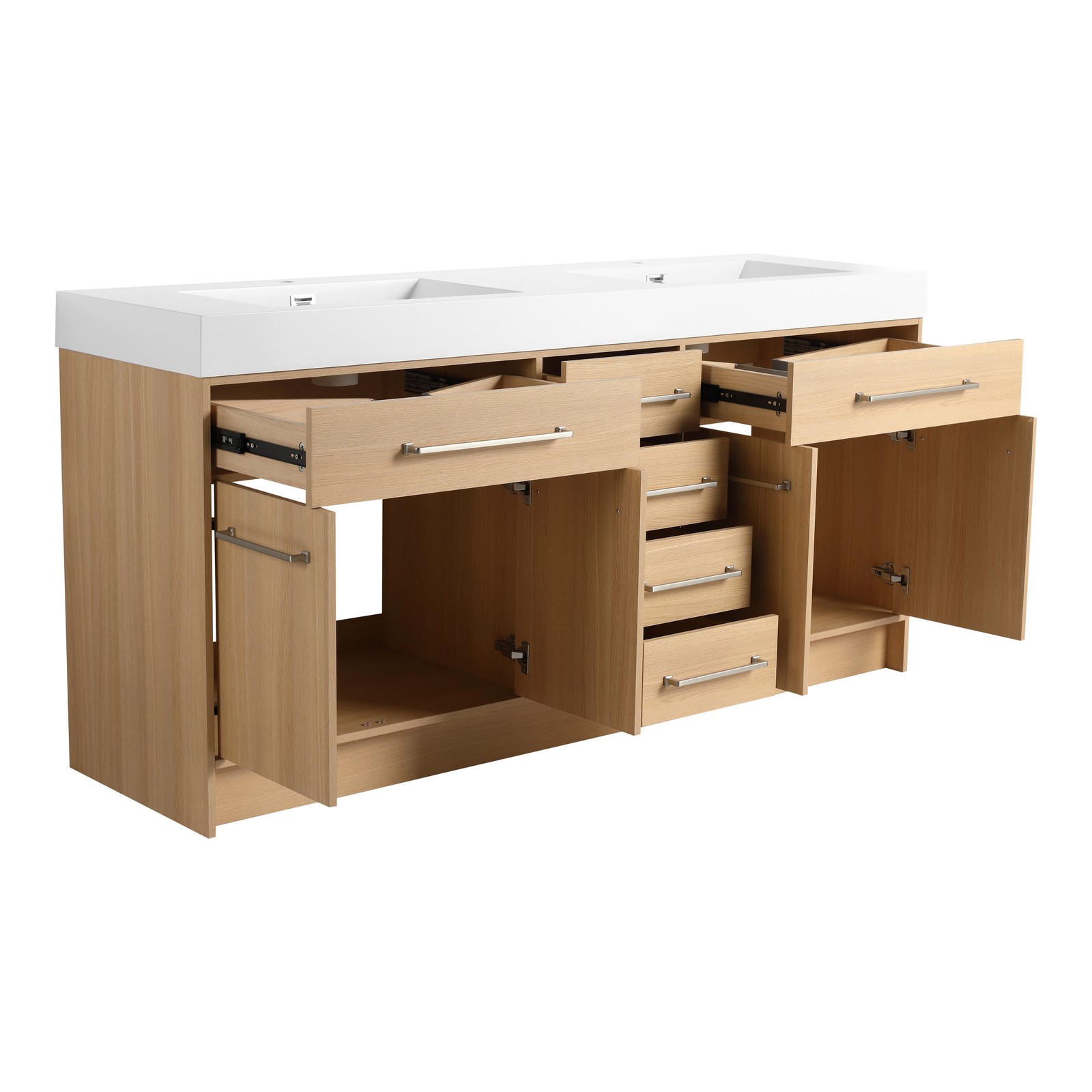 72 in Plywood Bathroom Vanity Freestanding W/Double Resin Sink+4 Doors 6 Drawers