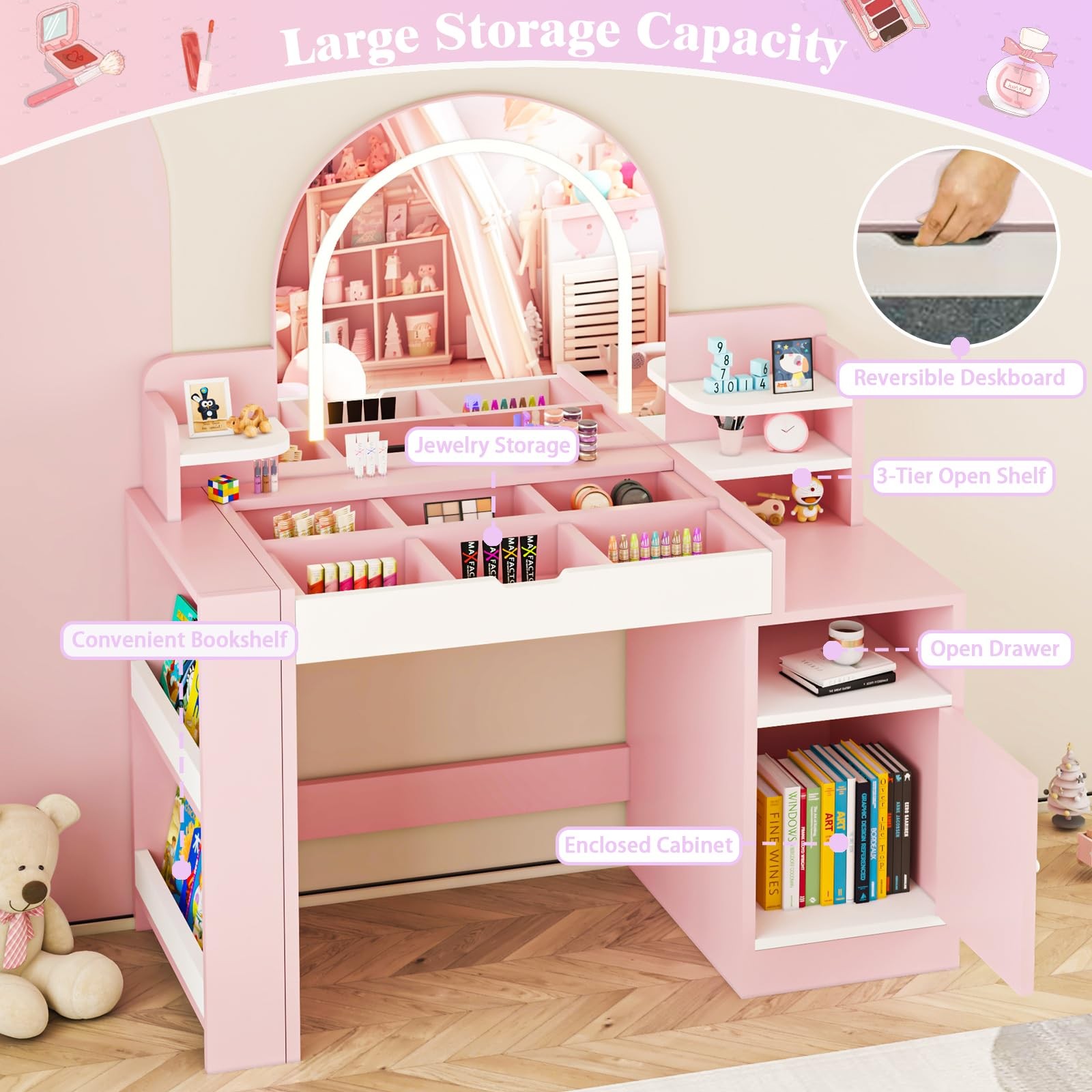Kids Vanity Table Set Lighted Mirror Stool Jewelry Storage Makeup Pink