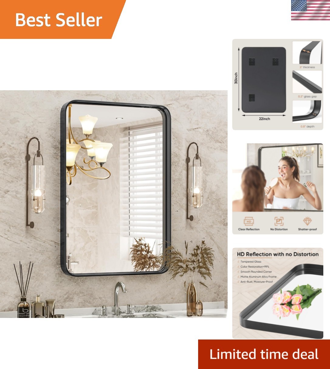 Black Metal Framed Vanity Rounded Rectangle Bathroom Mirrors for Over Sink Wa…