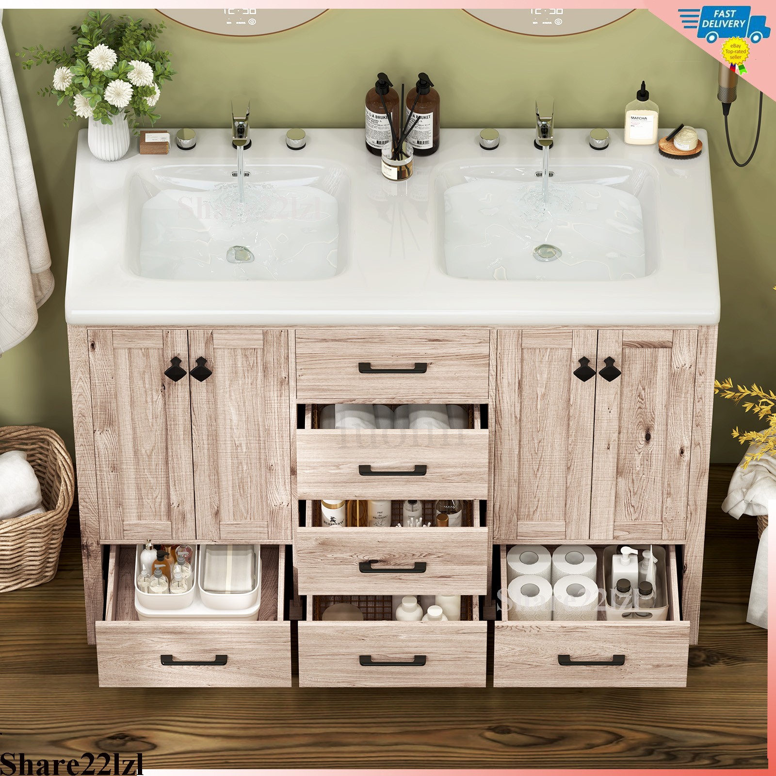47inch Bathroom Vanity Retro Bathroom Storage Cabinet with Ceramic Sink Wooden