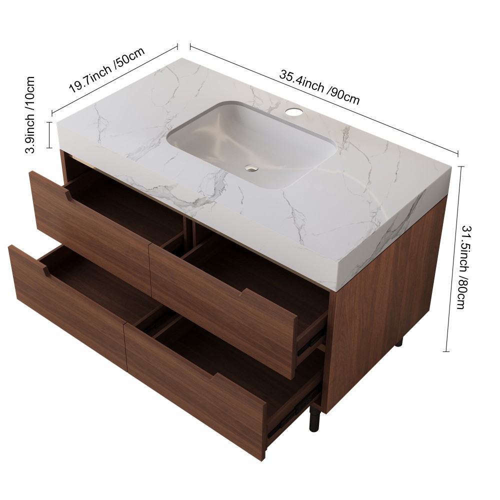 35.4″ Farmhouse Bathroom Vanity w/Sintered Stone Top，4 Drawers，Wall/Floor Mount