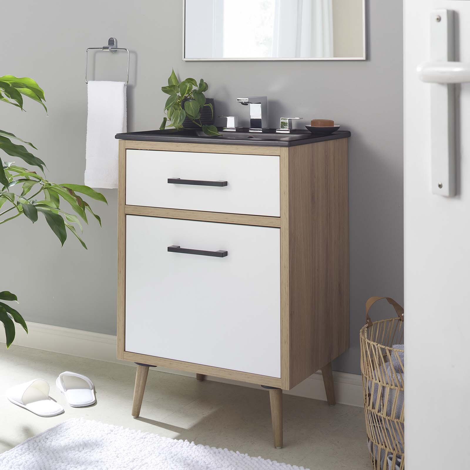 Modway Maverick 24″ Bathroom Vanity Cabinet in Black Oak With Ceramic Sink Basin