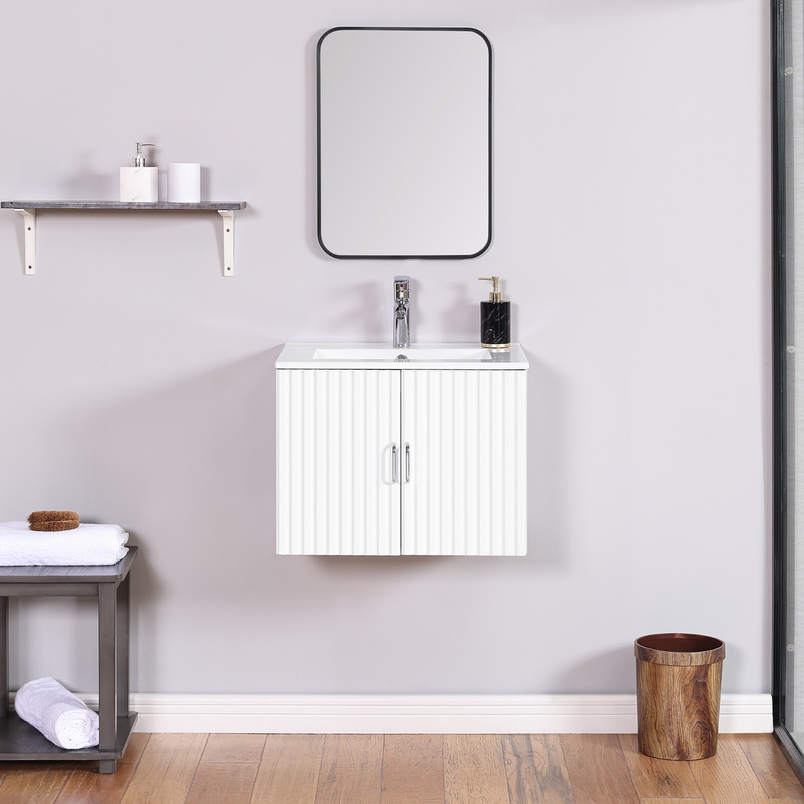 24″ Floating Wall Mounted Bathroom Vanity with White Porcelain Sink and Soft