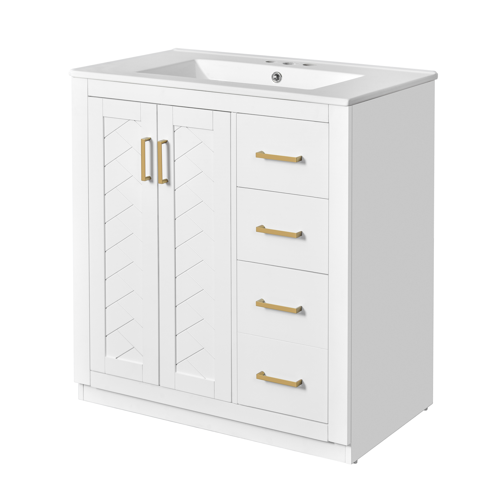 30” Freestanding Bathroom Vanity with Ceramic Sink 2 Doors and 3 Drawers White
