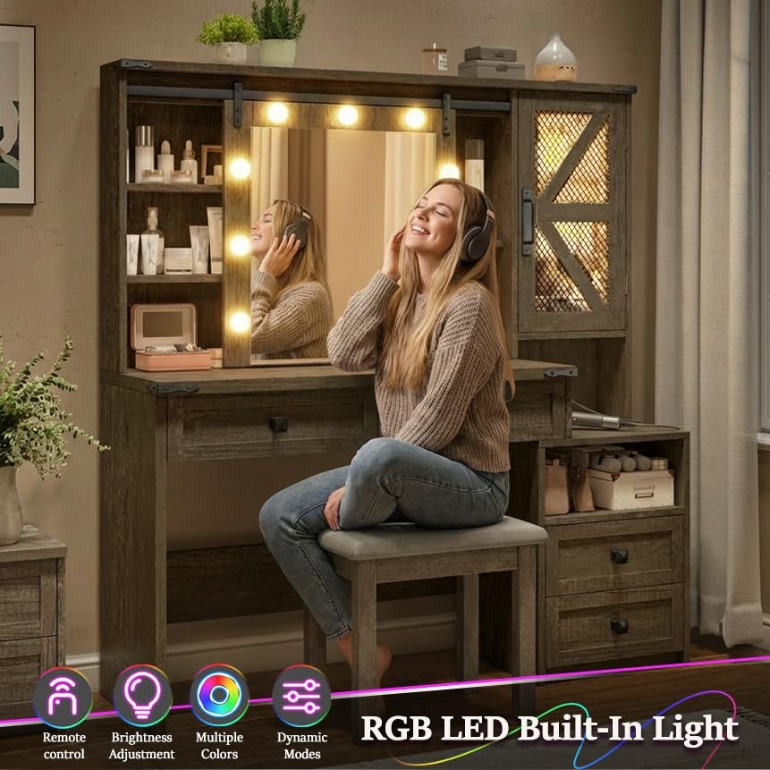 Farmhouse Vanity Desk Sliding Mirror Lights 4 Drawers RGB Cabinets Rustic Oak