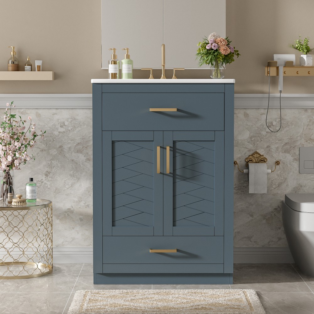 24in Bathroom Vanity Integrated Ceramic Sink 2 Doors 1 Tip-out Drawe