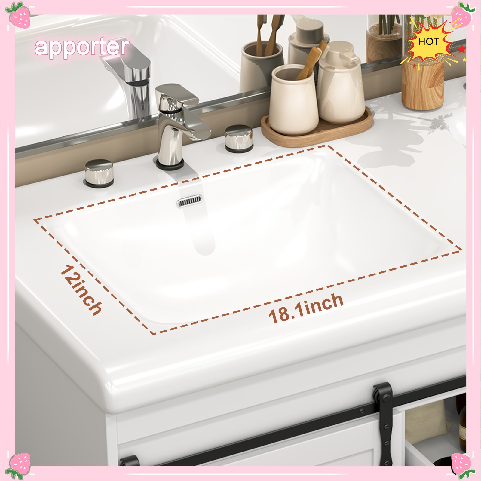 Yamissi Double Bathroom Vanity Cabinet Ceramic Sink with Sliding Doors 2 Drawers