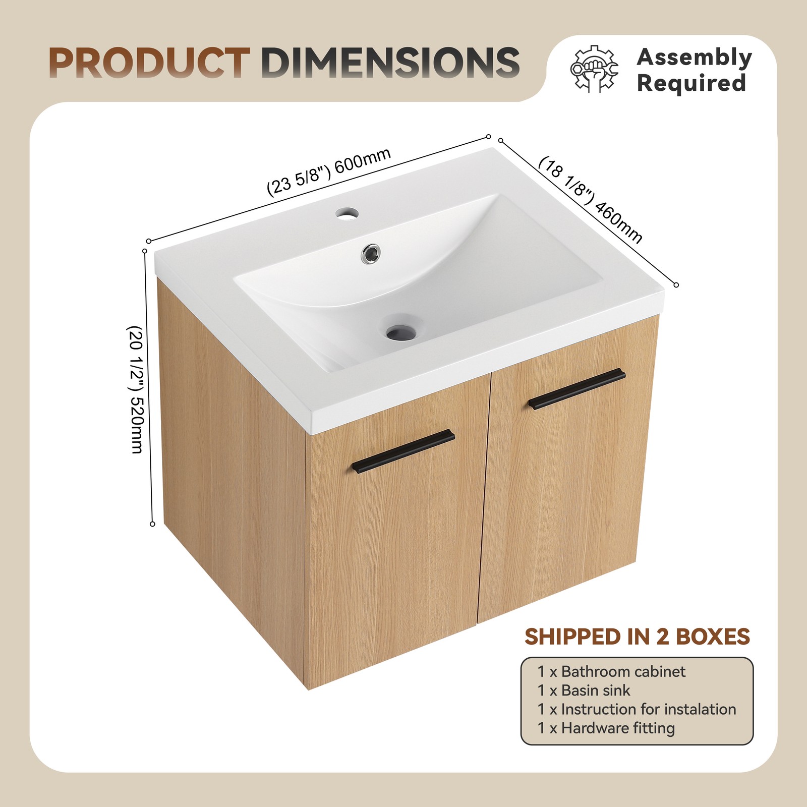 24″ Floating Bathroom Vanity with Sink, Light Oak Cabinet, Wall Mounted