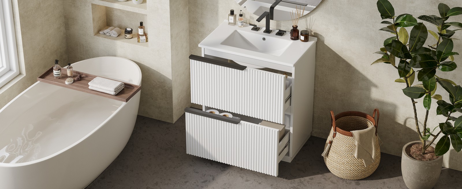 30″ Bathroom Vanity with Ceramic Sink & Soft Close Drawers, White