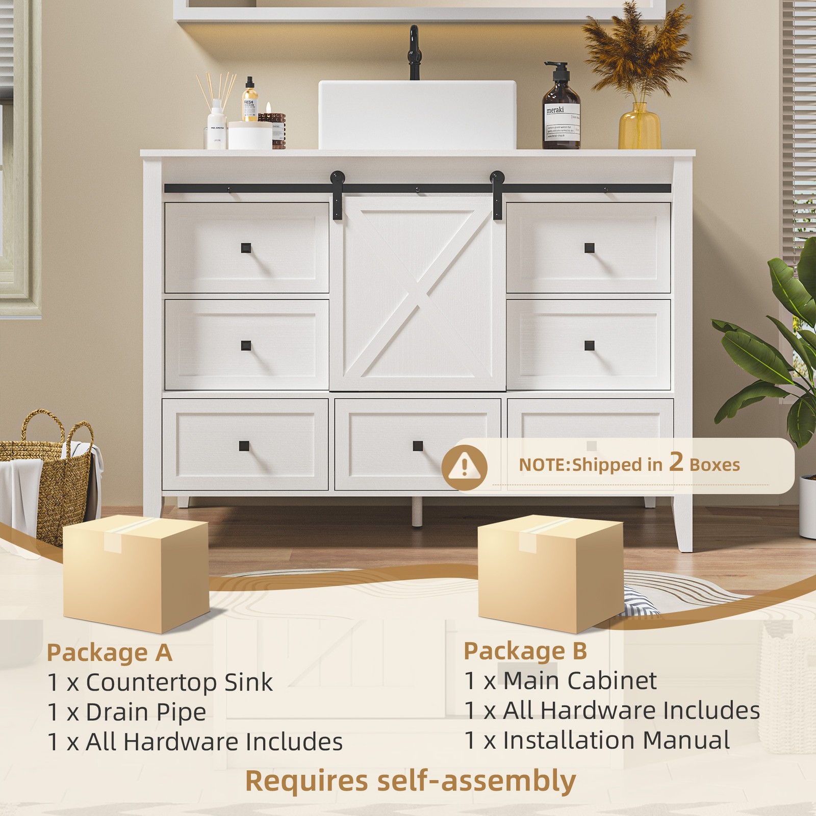 48-inch Bathroom Vanity with Sink Ceramic Freestanding Cabinet Sliding Barn Door