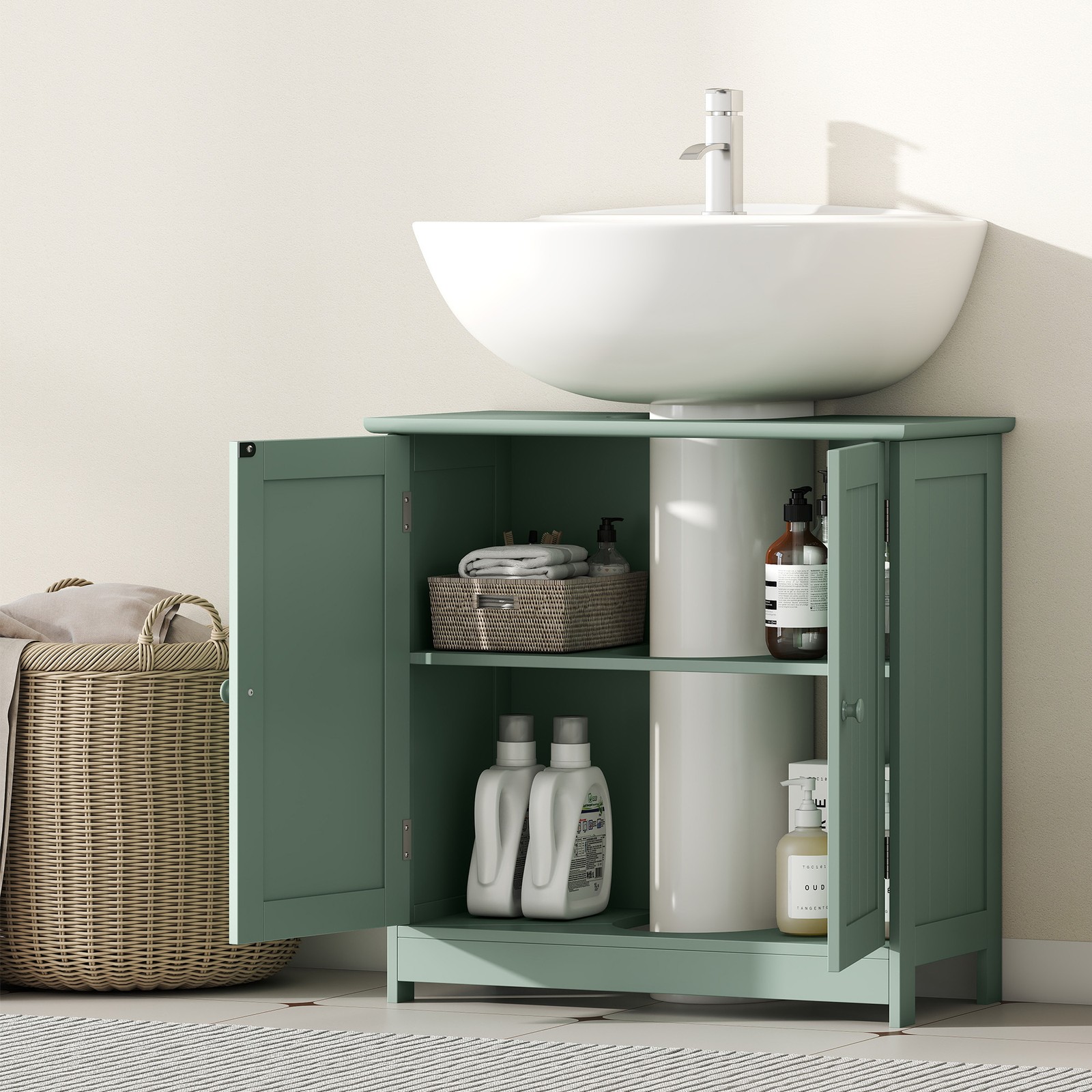 Under Sink Bathroom Cabinet with 2 Doors and Shelf, Dark Green