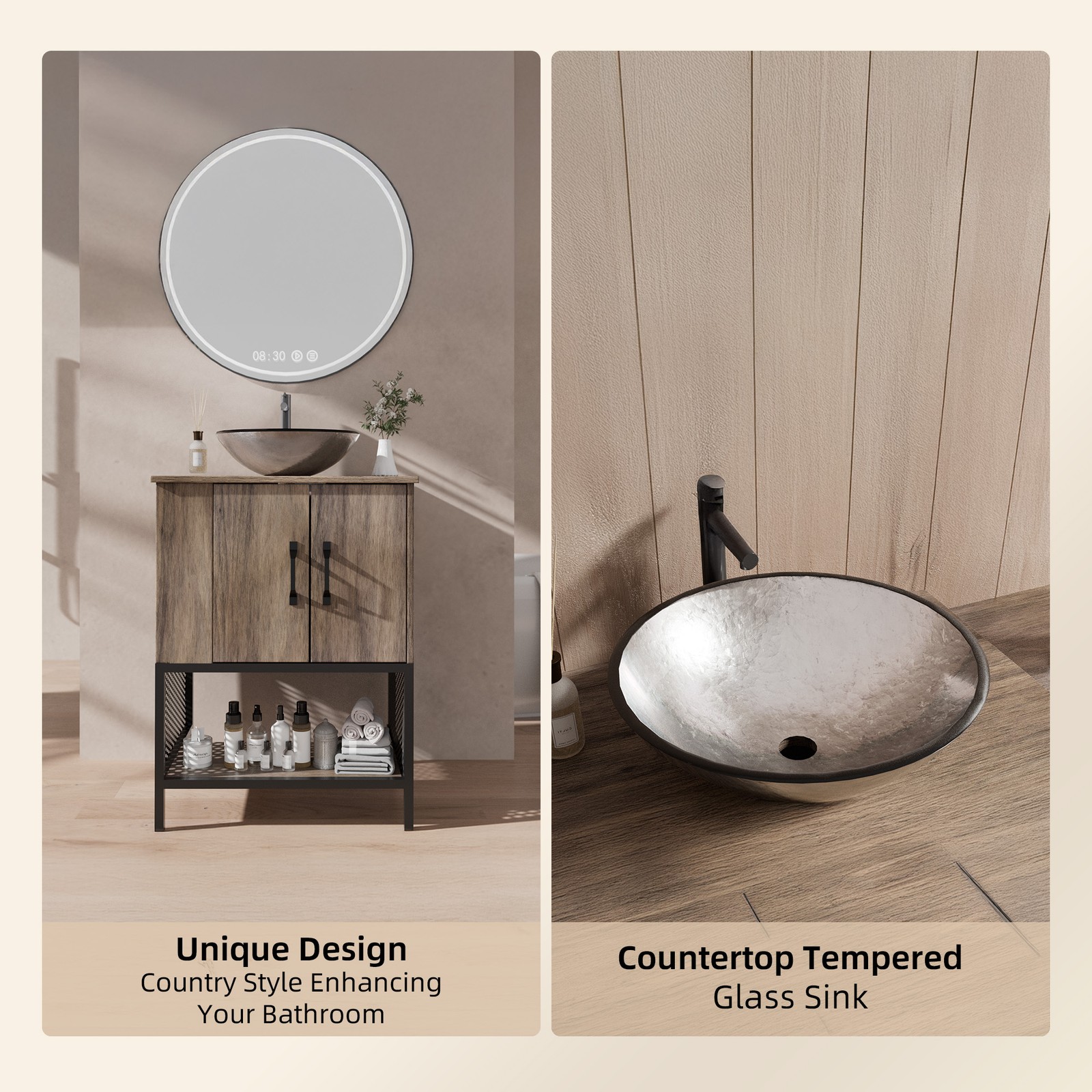 24″ Single Bathroom Vanity Modern Iron Wood Cabinet with Glass Sink Combo Set