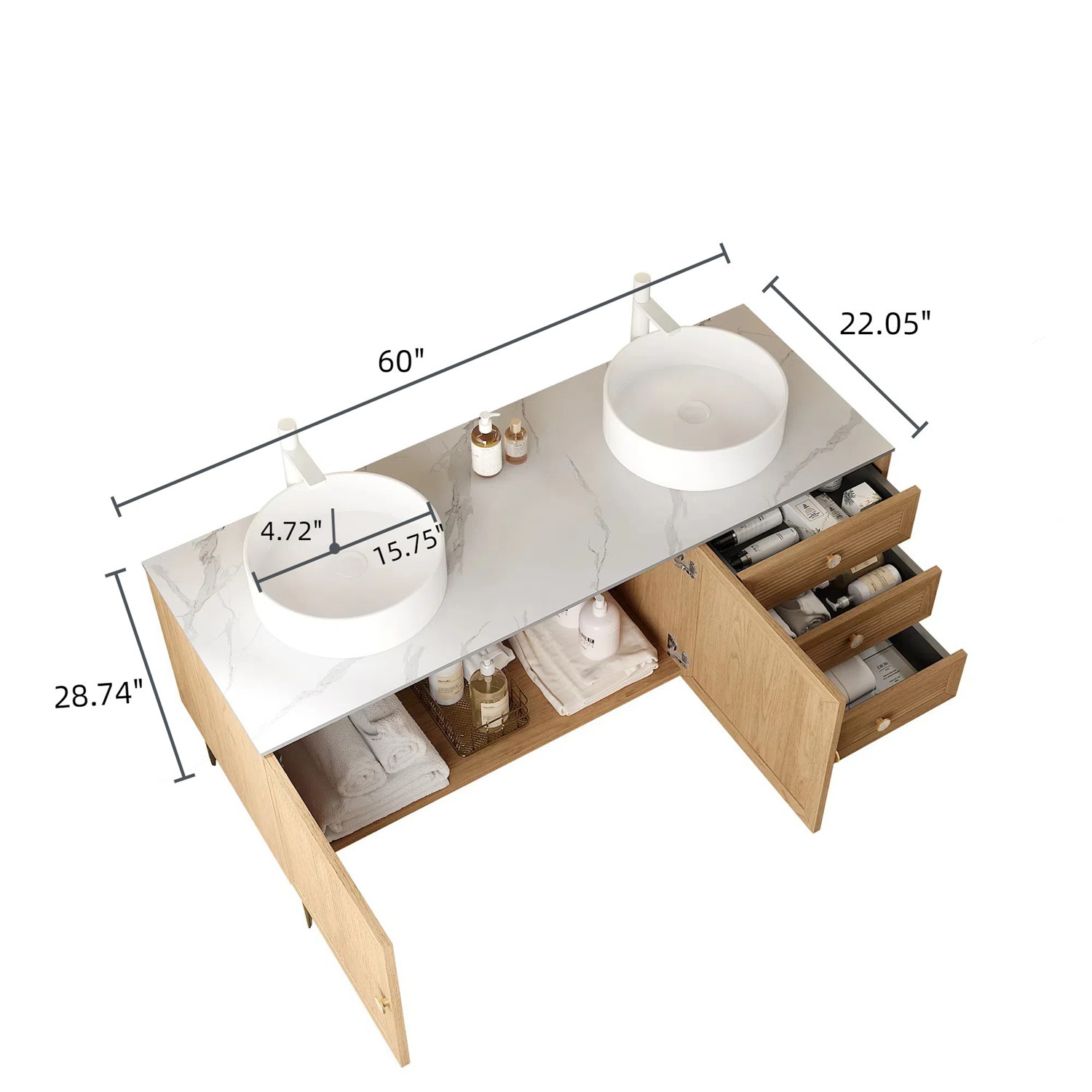60″ Bathroom Vanity w/Double Ceramic Sink, Freestanding Vanity Cabinet,3 Drawers
