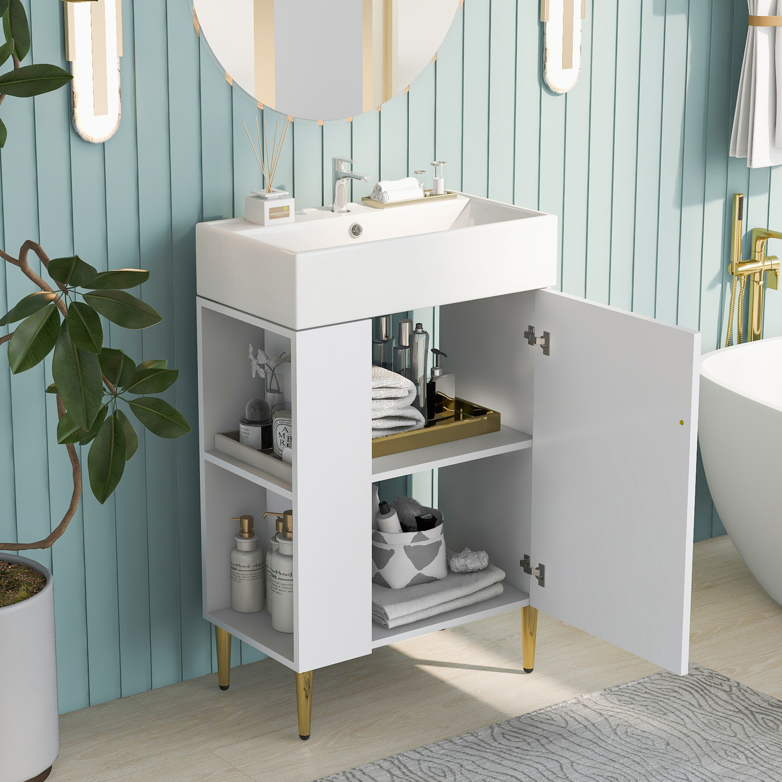 21.6″ Small Bathroom Vanity with Ceramic Sink Top with 1 Door and Side Shelves