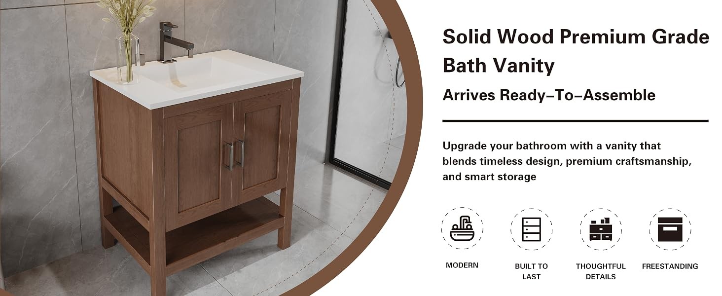 24″ Natural Wood Bathroom Vanity Base Only – Freestanding Solid Wood Sink
