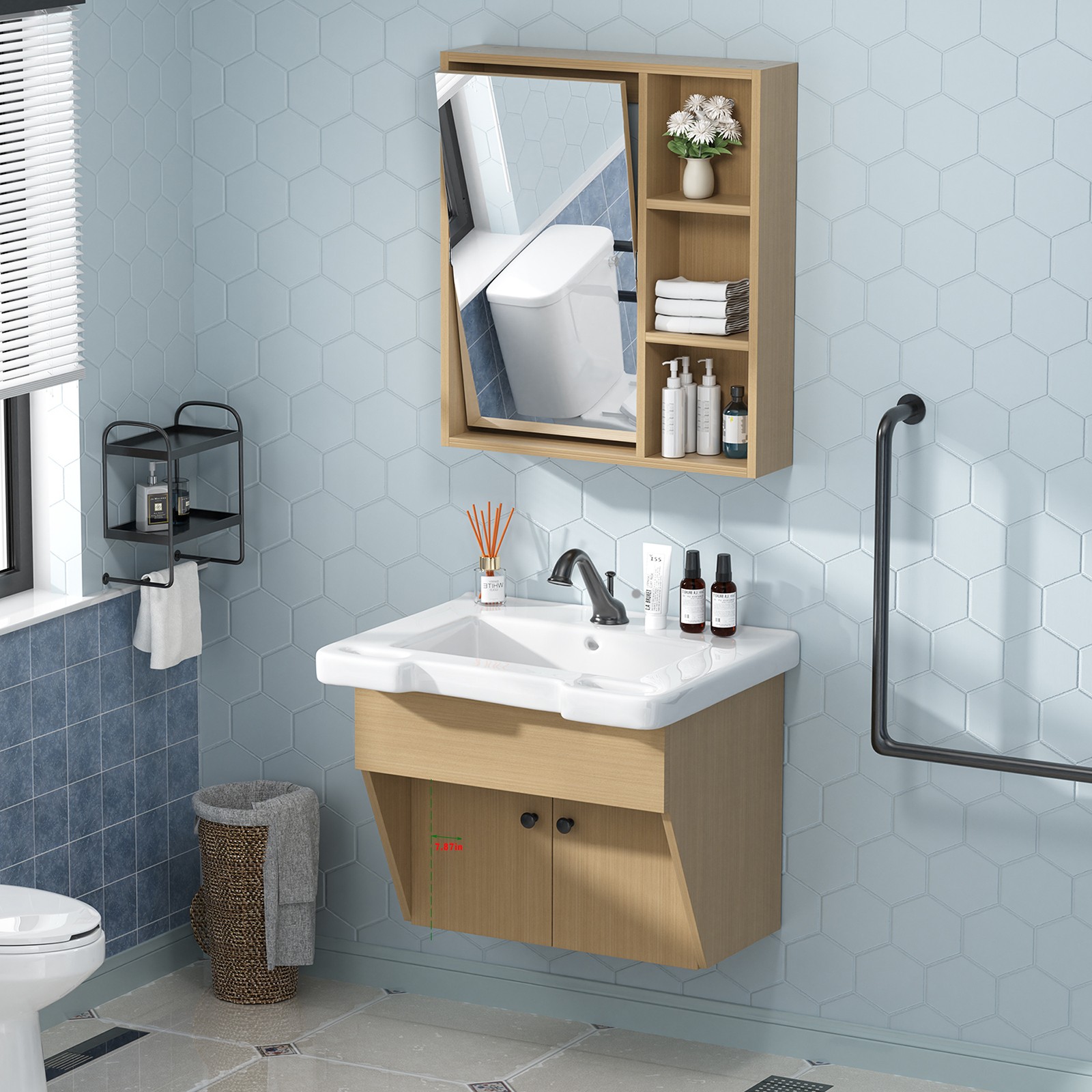 24″ Wall-Mount Small Bathroom Vanity w/ Sink Mirror Cabinet Combo for Elderly