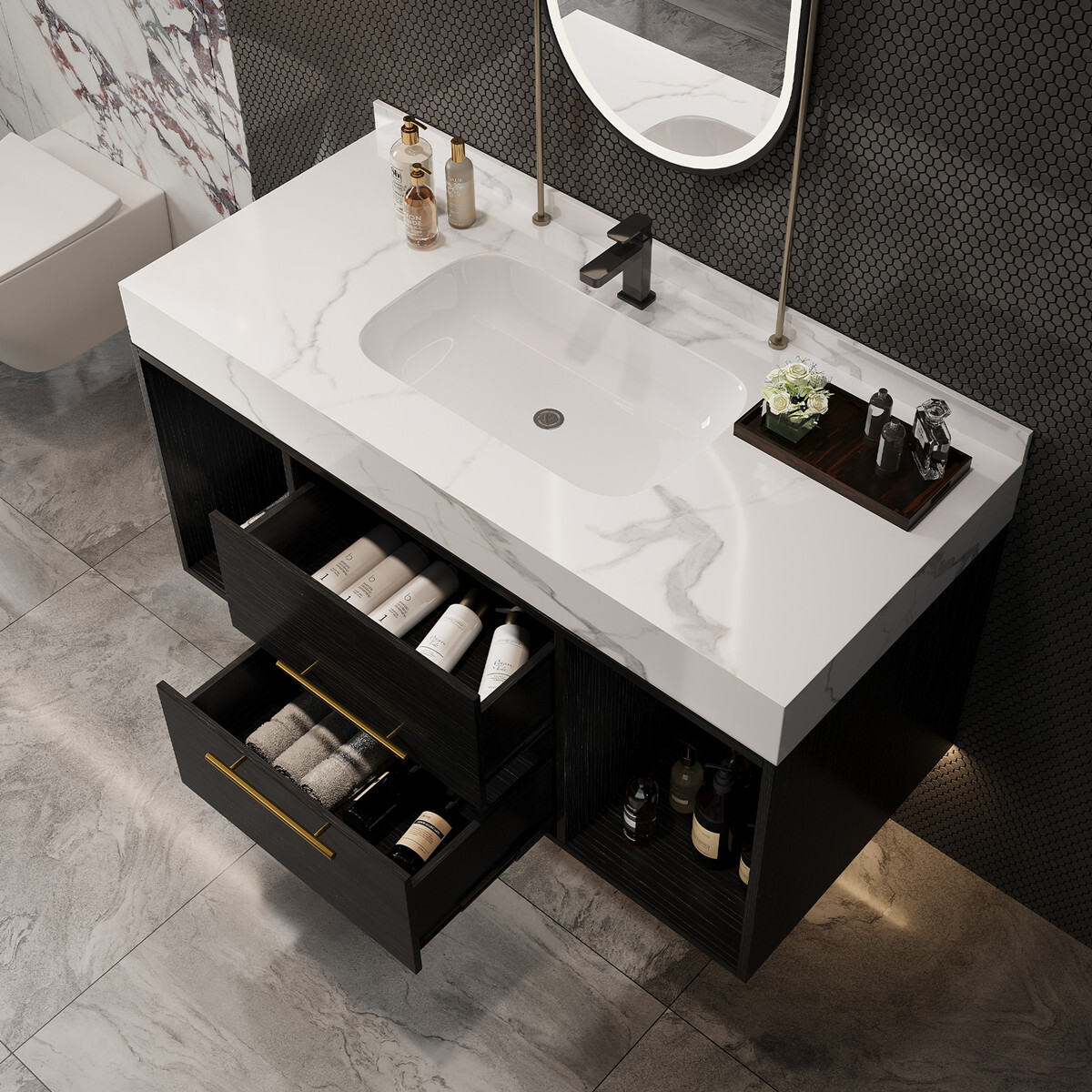 39.4″ Wall Mounted Bathroom Vanity w/ Sink, Floating Vanity Cabinet, 2 Drawers