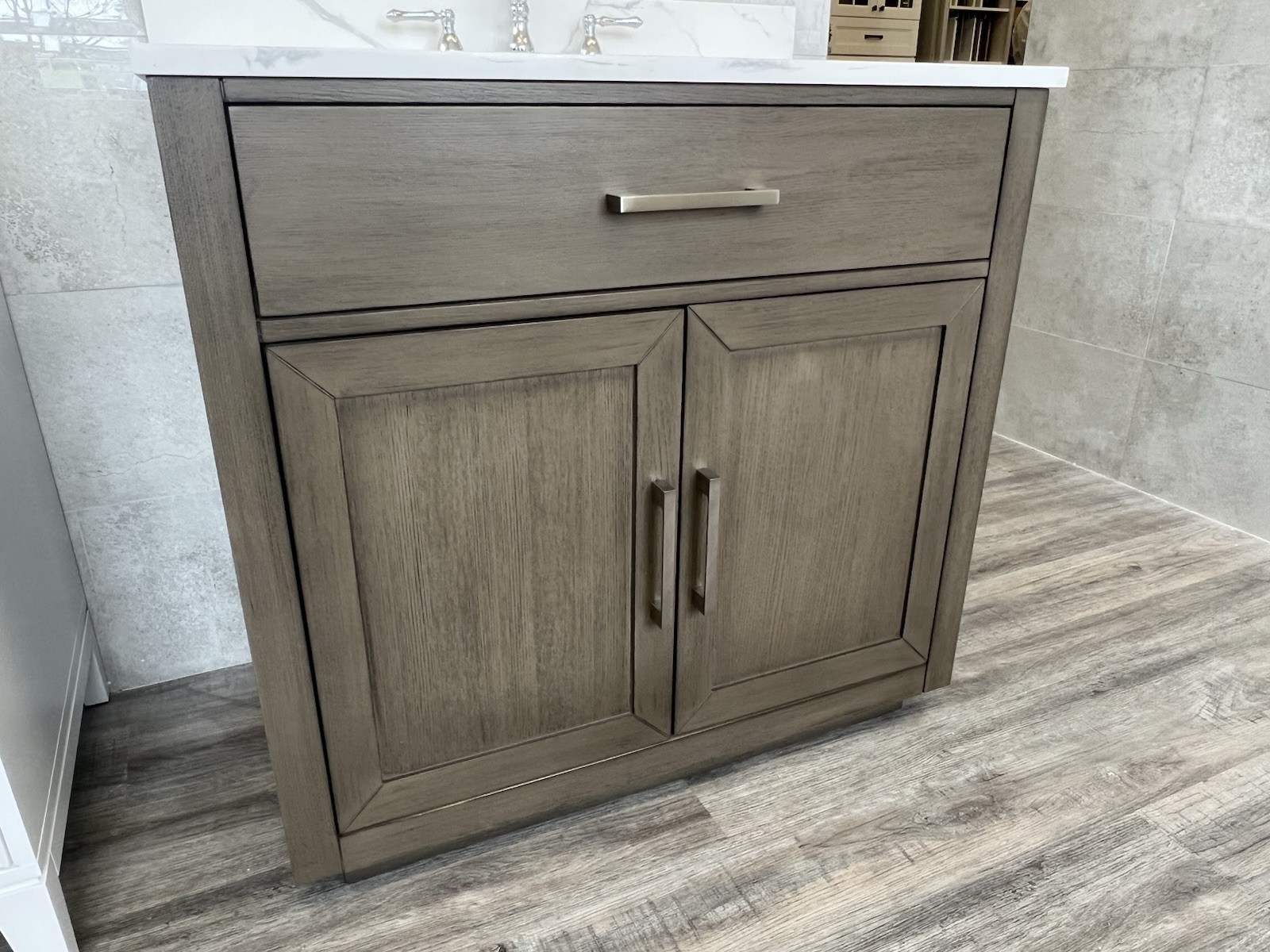 floor model Sale! 36” Gray Oak Bathroom Vanity With Quartz Top & Backsplash