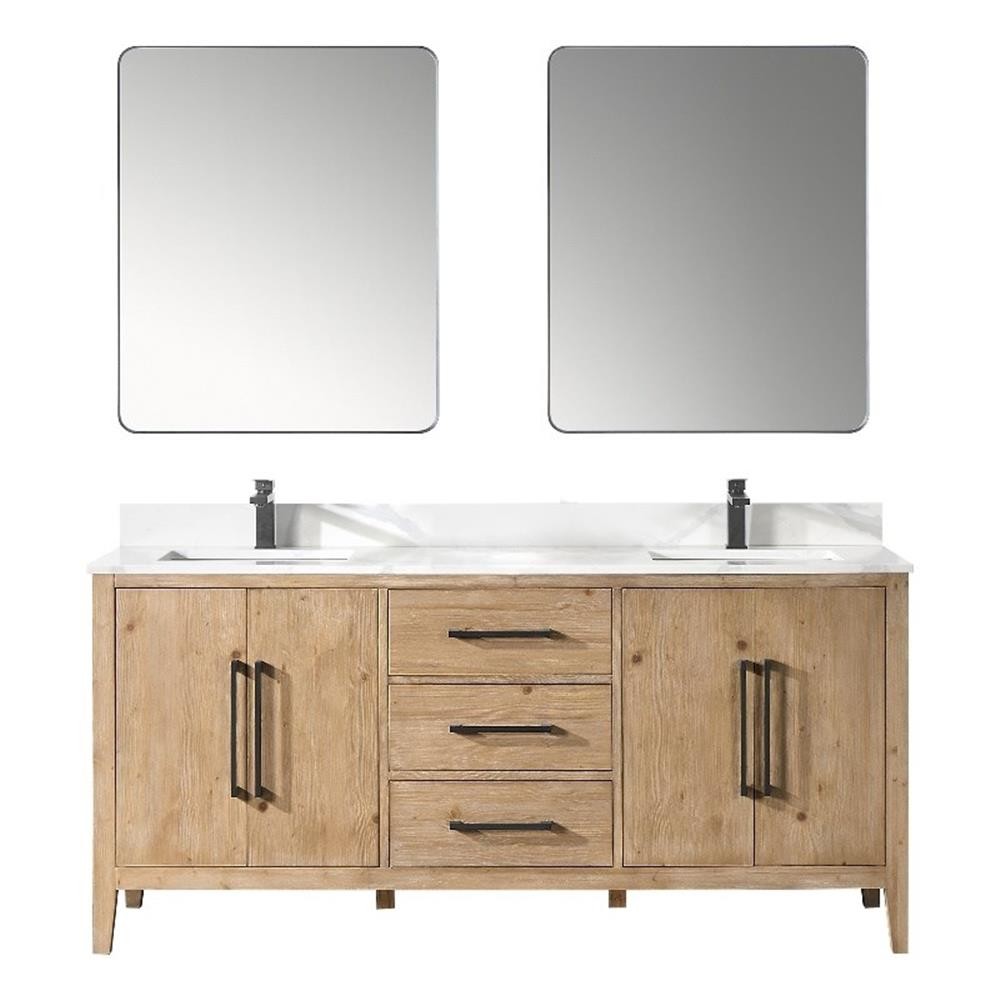 Laurel 72″ Wood Vanity in Weathered Fir Calacatta White Quartz Top with Mirror