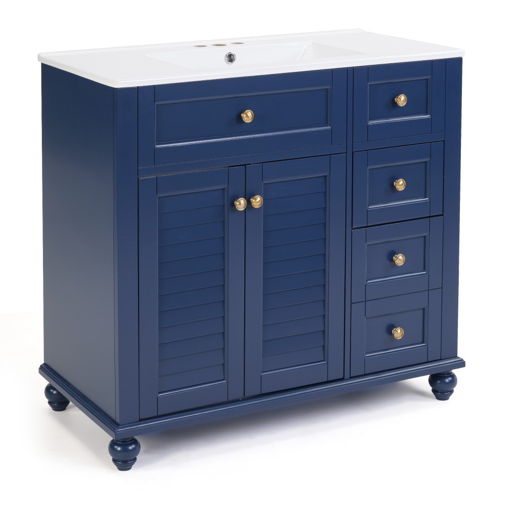 36″ Blue Bathroom Vanity with Ceramic Sink, Soft-Close Drawers, Solid Wood Frame